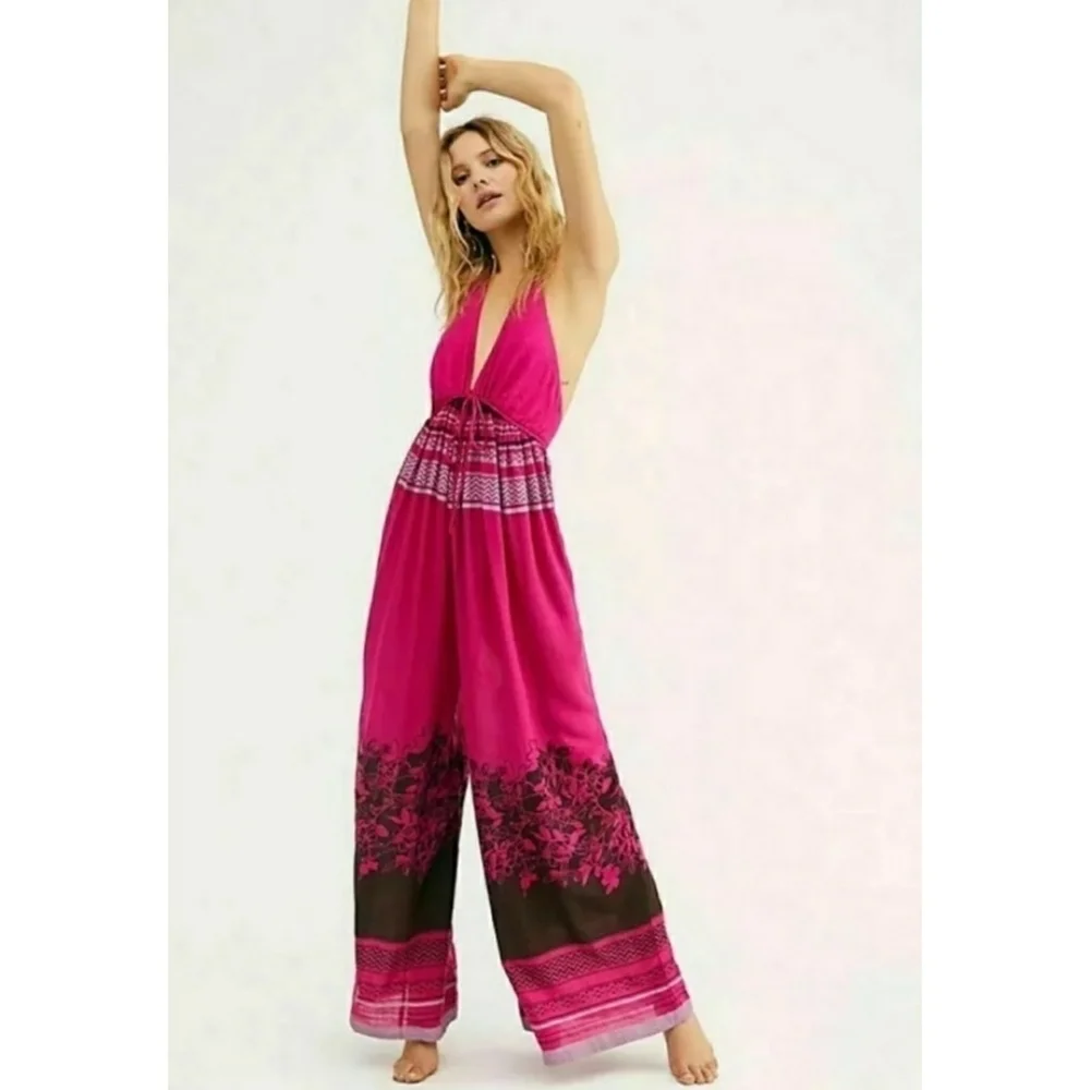 FREE PEOPLE // boho fuchsia print open back wide leg halter style jumpsuit